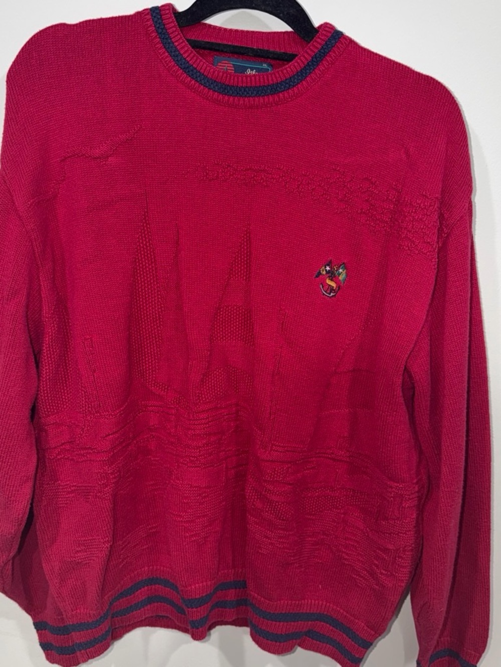 Men's Red Crewneck Sweater with Embroidered Shield Detail